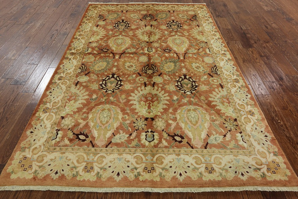Peshawari Oushak Style Rust Chobi Hand-Knotted Wool Rug, 6'x9'