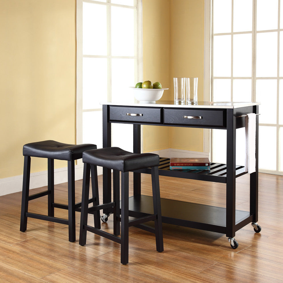 Stainless Steel Top Kitchen Cart, Island With 24" Upholstered Saddle Stools