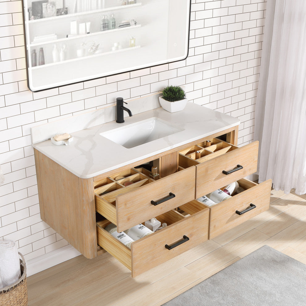 Cristo Floating Bath Vanity With Stone Top, Fir Wood Brown, 48in., No Mirror