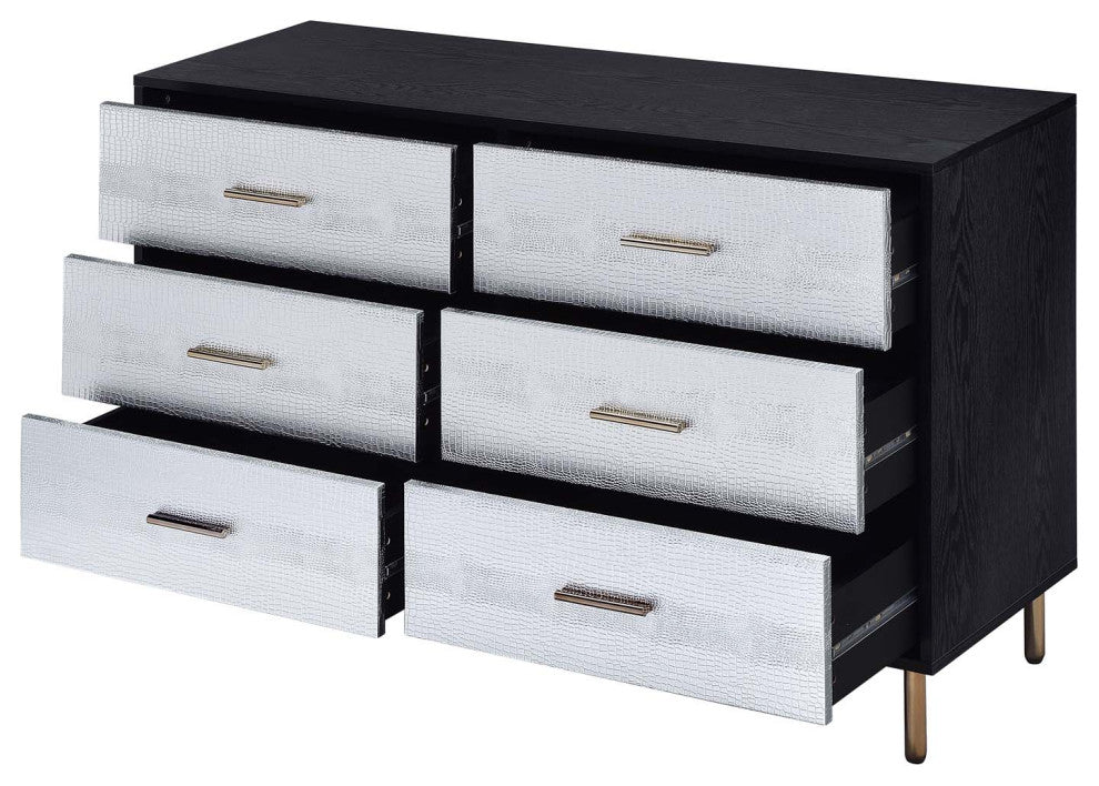 6 Drawers Wooden Dresser, Black, Silver and Gold Finish