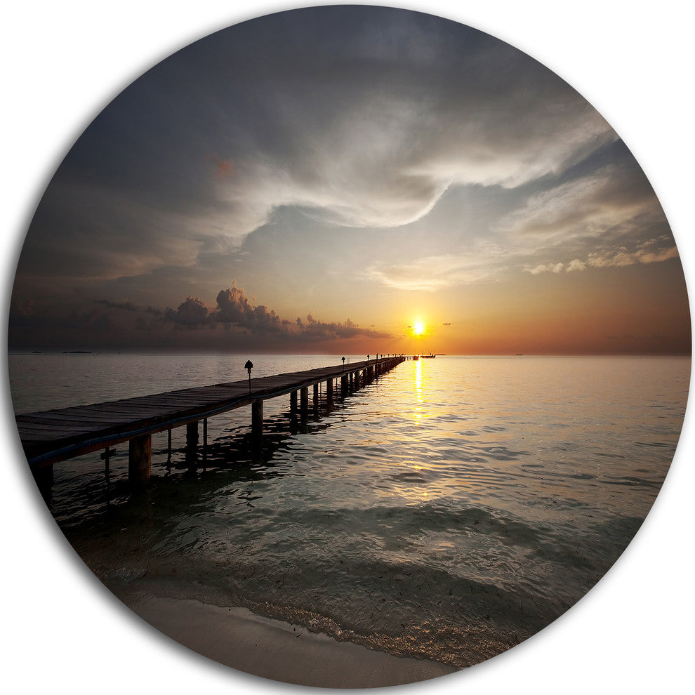 Long Boardwalk Into The Sunset Sea, Sea Bridge Round Wall Art, 36"