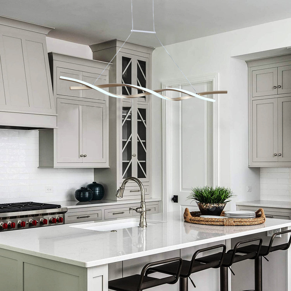 1-Light LED Linear Wavy Pendant Light Chandelier, Gold