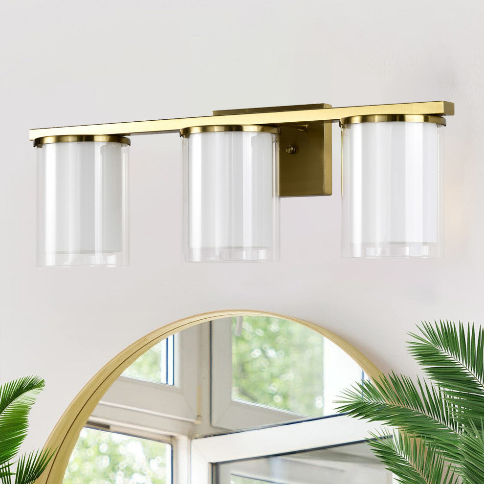 3-Light Gold Modern Vanity Light With Clear Glass and White Glass Dual Shades
