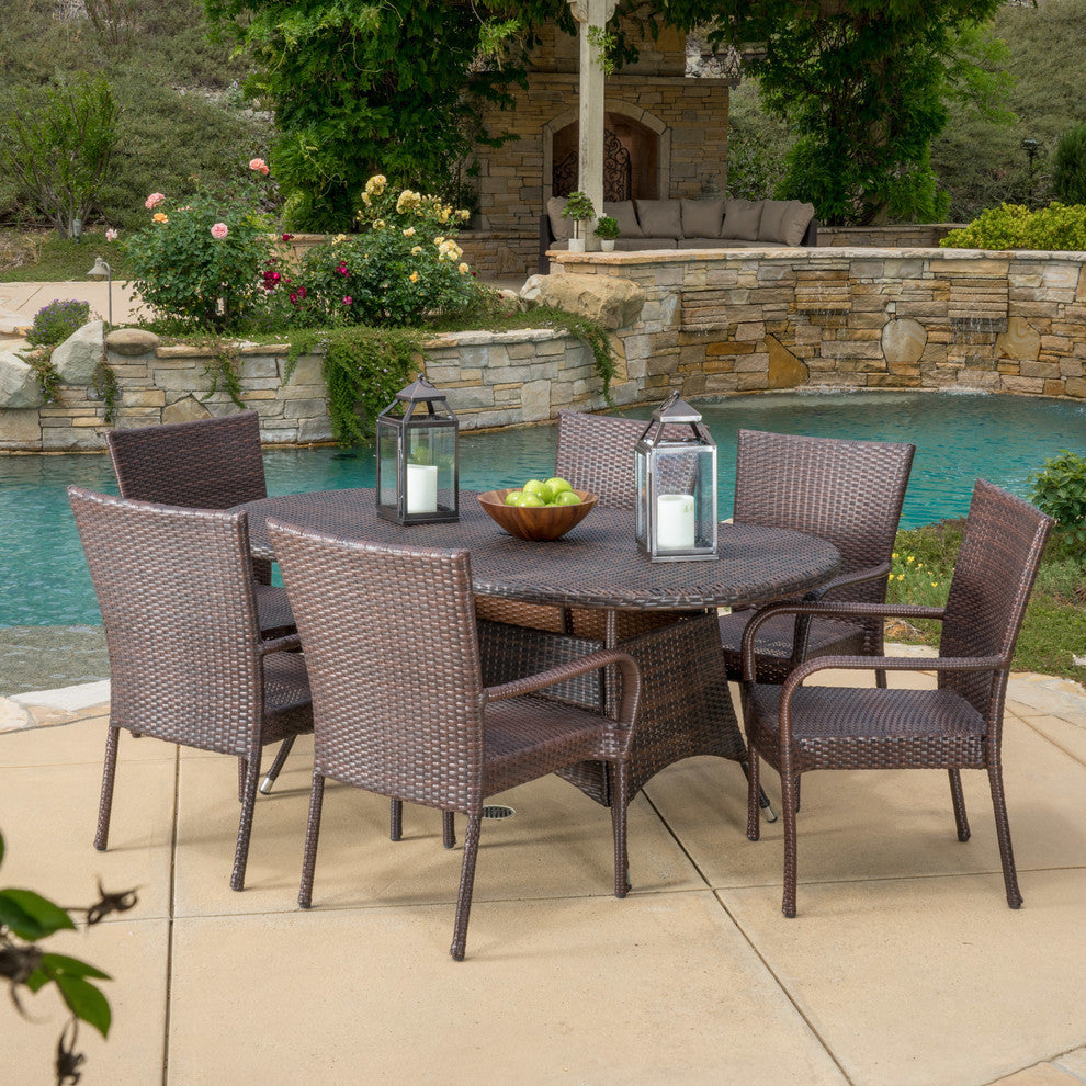 GDF Studio 7-Piece Kory Outdoor Multibrown Wicker Round Dining Set