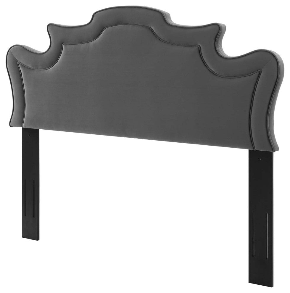 Headboard, King California, Charcoal Gray, Velvet, French, Mid Century