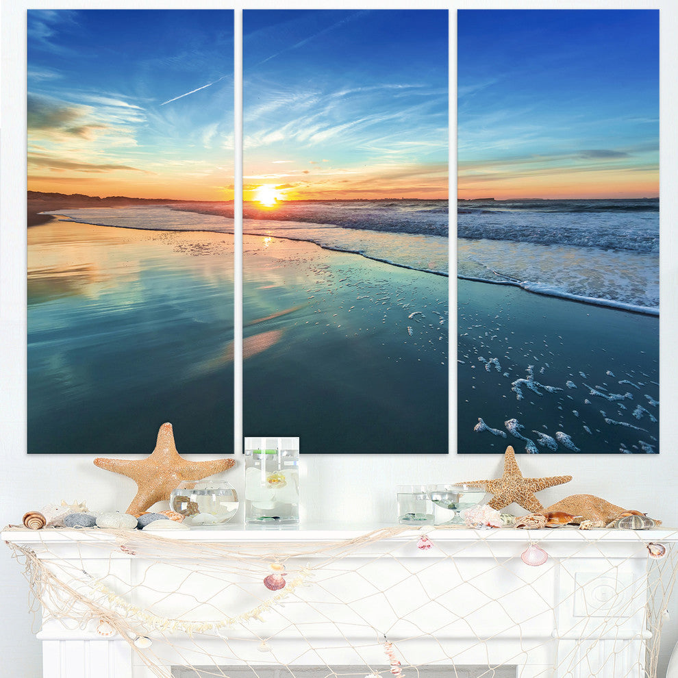 "Blue Seashore With Distant Sunset" Metal Wall Art, 3 Panels, 36"x28"