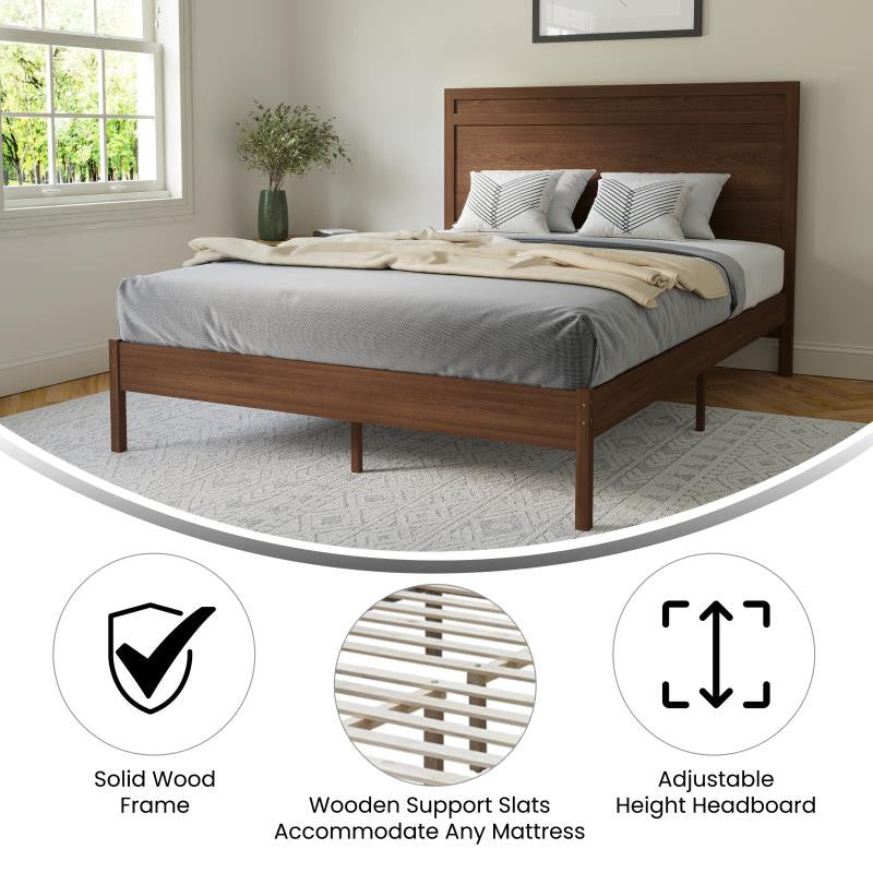 Kingston Solid Wood Platform Bed with Wooden Slats and Headboard, Brown, Queen