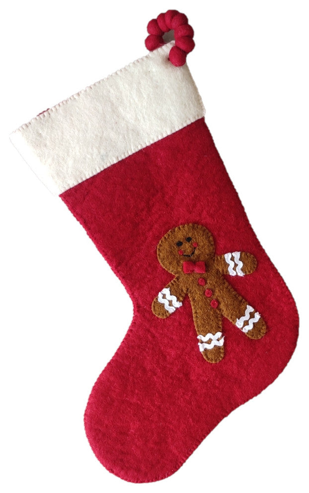 Gingerbread Boy on Red Christmas Stocking in Hand Felted Wool