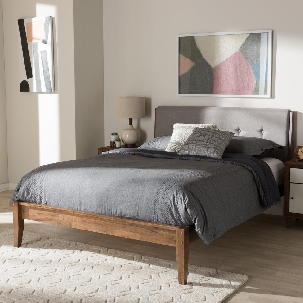 Leyton Light Gray Fabric and Medium Brown Finish Wood King Size Platform Bed