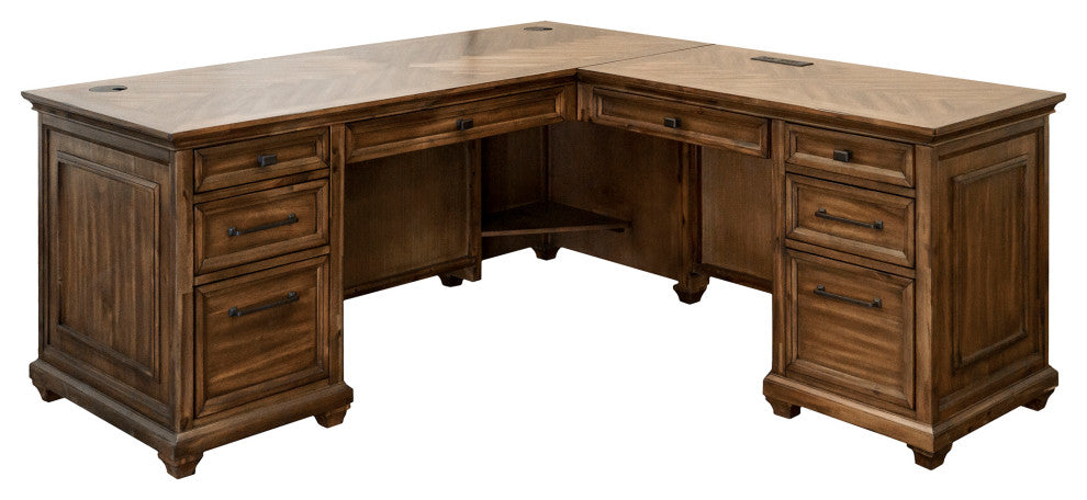 Traditional Wood L-Desk and Return Writing Table and Return Office Brown