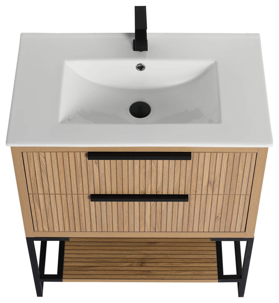 Kingsford Grooved-Look Bath Vanity, Bright Oak, White Ceramic Sink, 30", Drawers