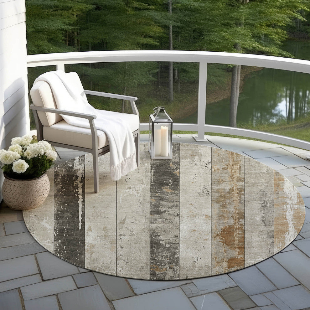 Machine Washable Indoor/Outdoor Chantille ACN1868 Beige 8' x 8' Round Rug