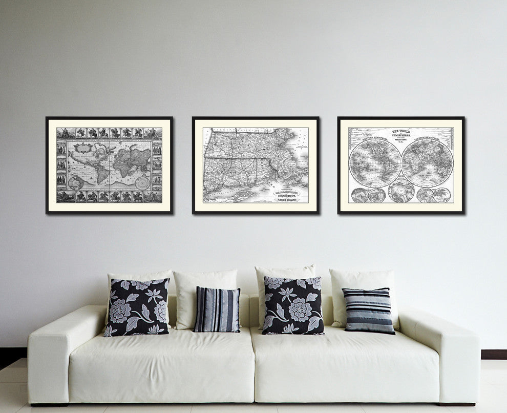 Massachusetts Connecticut Rhode Island Vintage B&W Map Canvas Print, 28"x37"