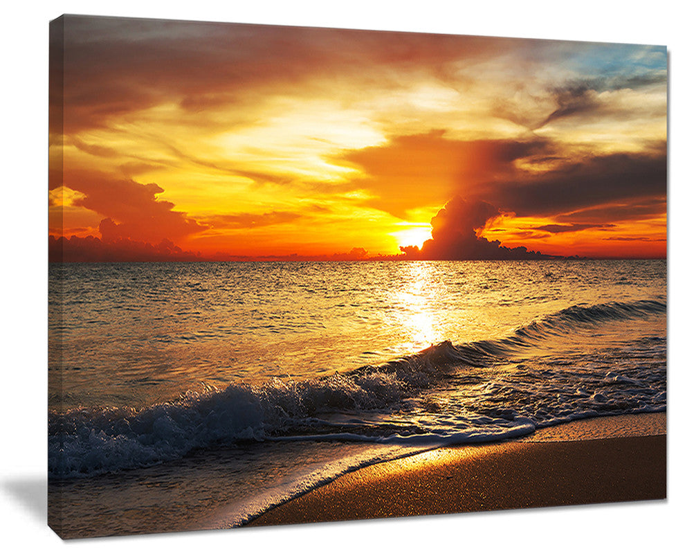 "Colorful Dramatic Sunset Over Waves" Modern Beach Canvas Art Print, 20"x12"