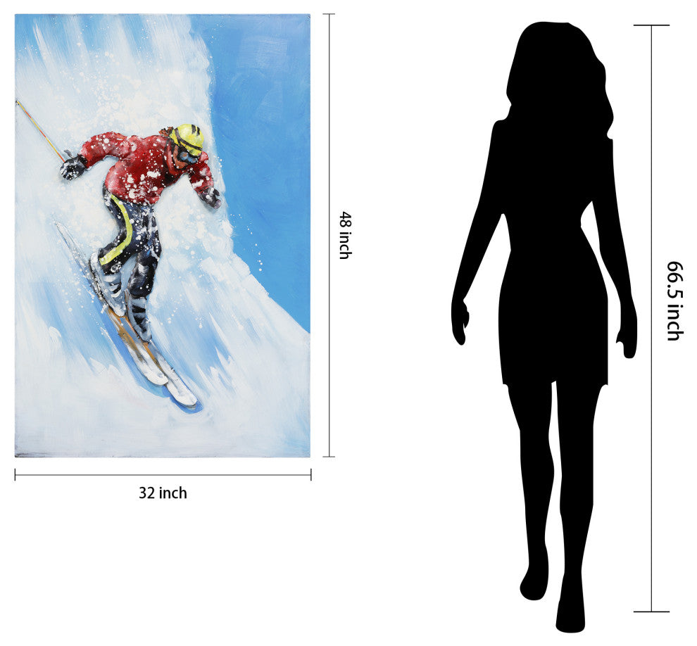"Skiing" Mixed Media Iron Hand Painted Dimensional Wall Art, 32"x48"