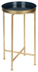 Kate and Laurel Celia Round Metal Foldable Tray Accent Table, Gold and Navy Blue