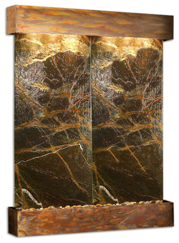 Majestic River Water Fountain, Green Marble, Rustic Copper, Square Edges
