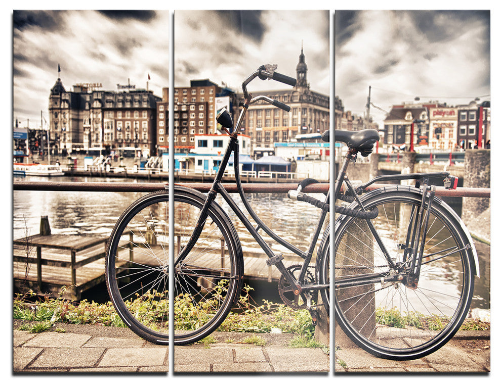 "Bike Over Bridge in Amsterdam" Photo Metal Wall Art, 3 Panels, 36"x28"