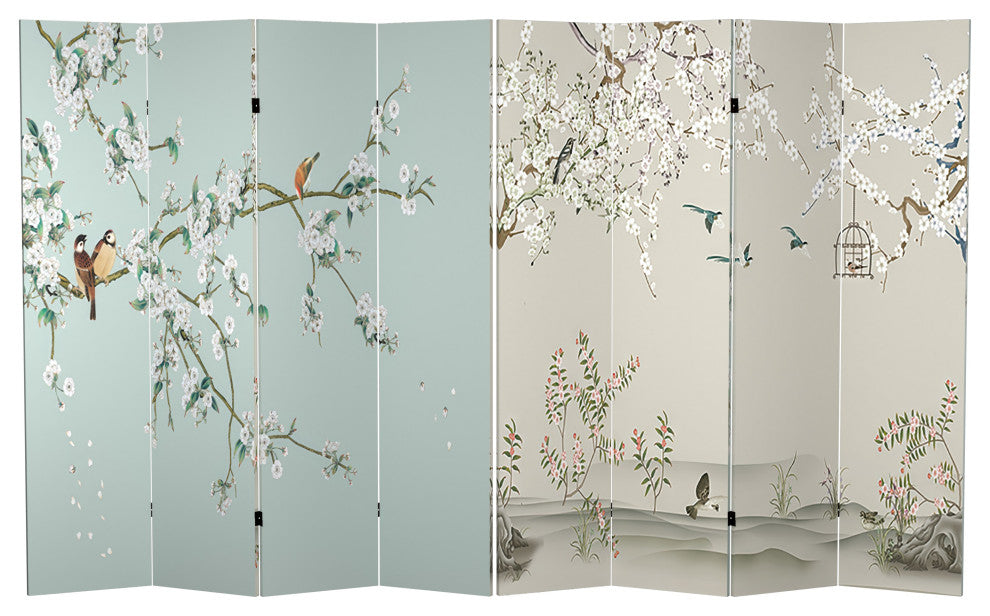 6' Tall Double Sided Birds and Plum Blossoms Canvas Room Divider