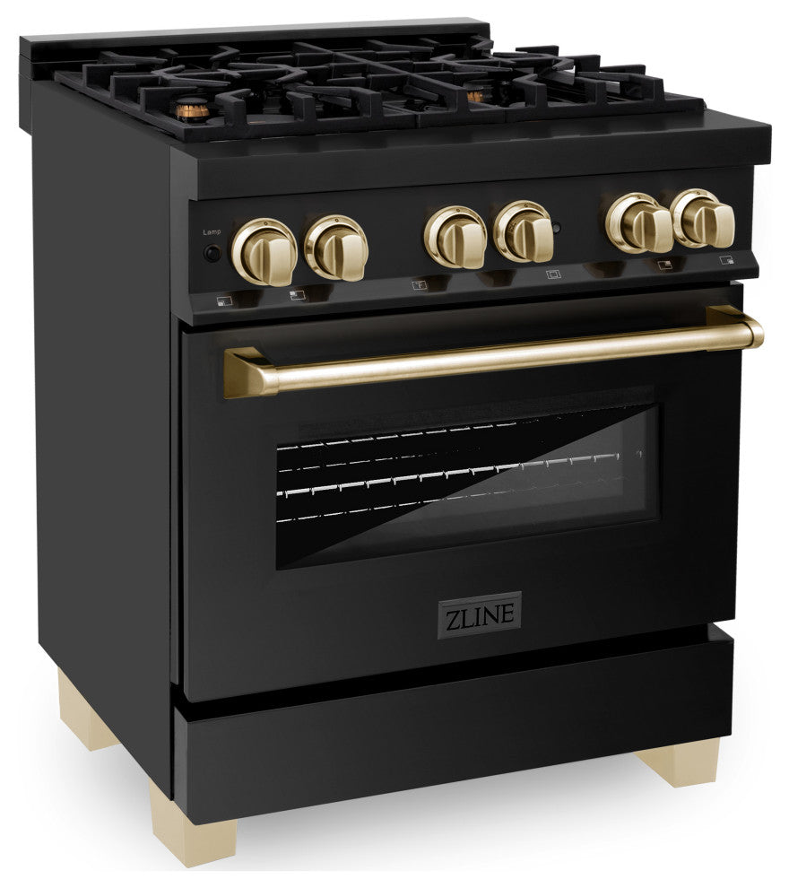 ZLINE 30" Dual Fuel Range, Black Stainless Steel With Gold Accents RABZ-30-G