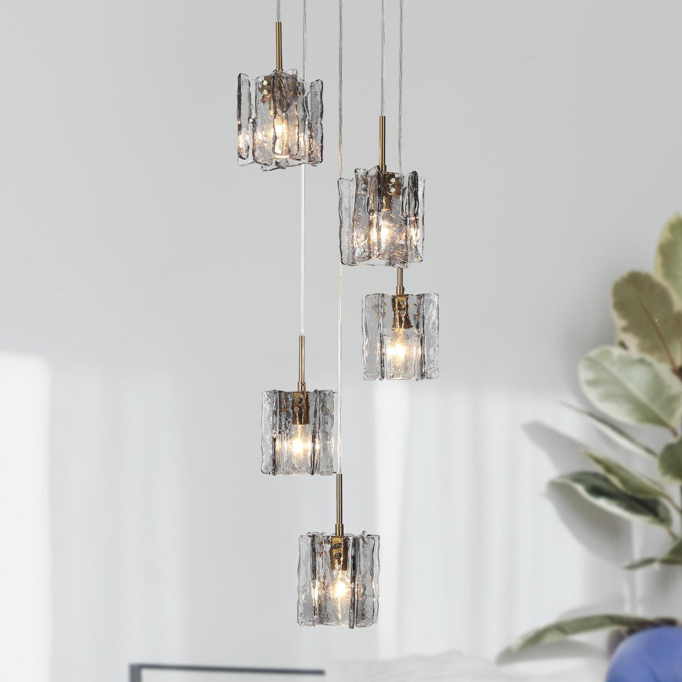 LNC Tucana Polished Gold Matte Black Modern Pendant Light, Textured Glass, 5 Light