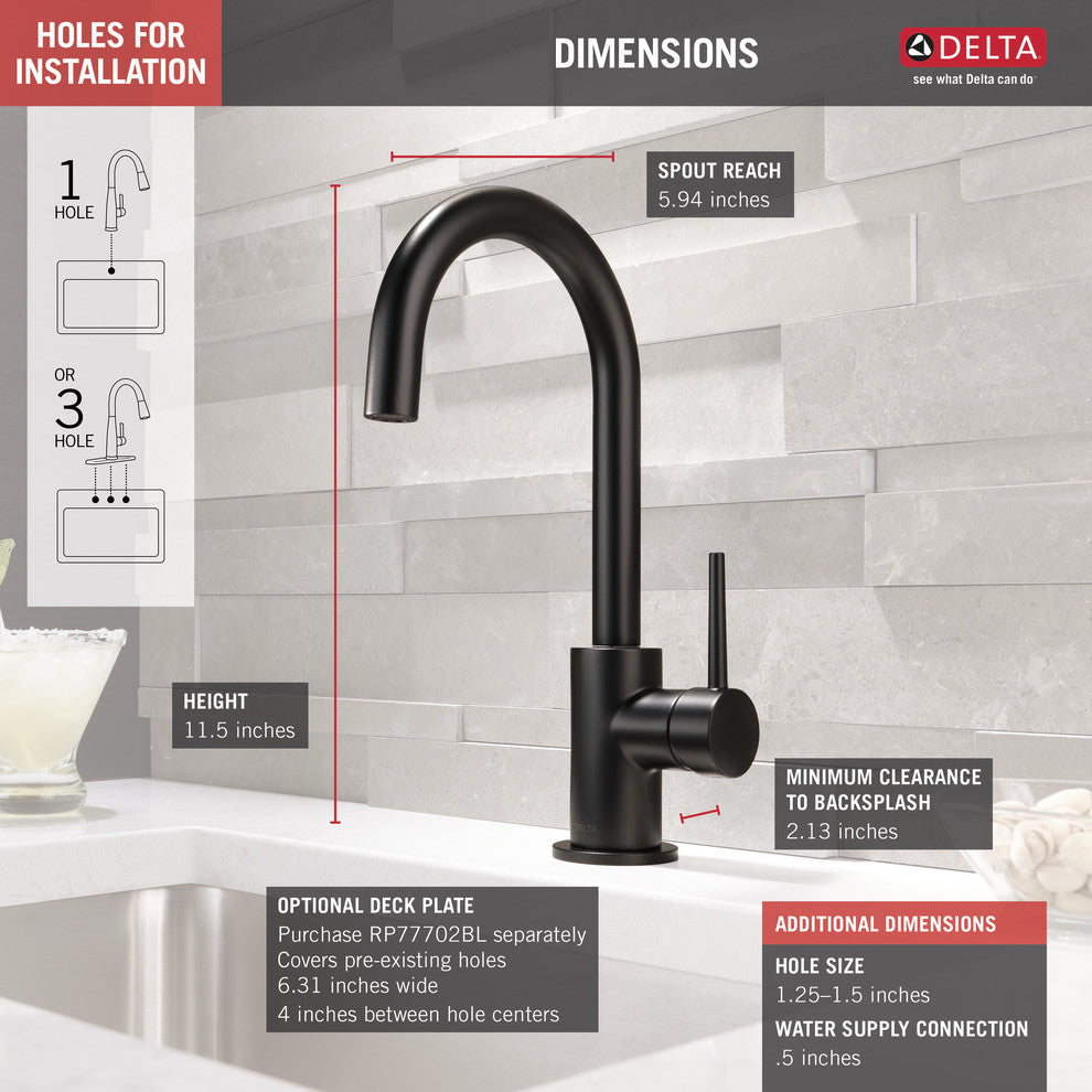 Delta Trinsic Single Handle Bar Faucet, Matte Black, 1959LF-BL