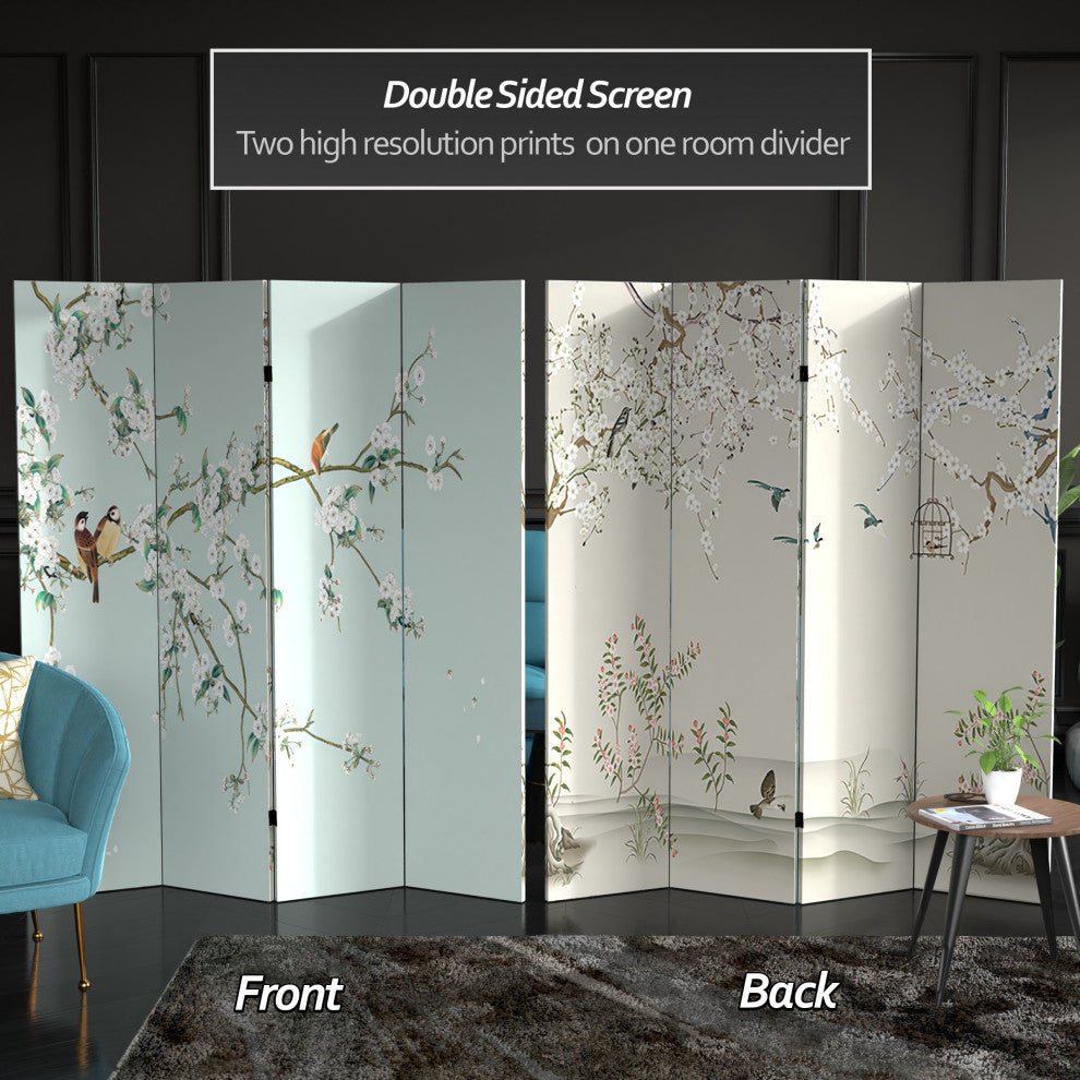 6' Tall Double Sided Birds and Plum Blossoms Canvas Room Divider