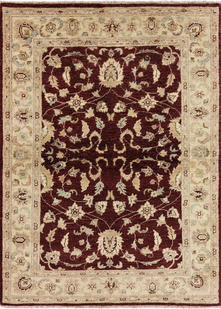 Oushak Chobi Peshawar Burgundy Hand-Knotted Wool Rug, 4'x6'