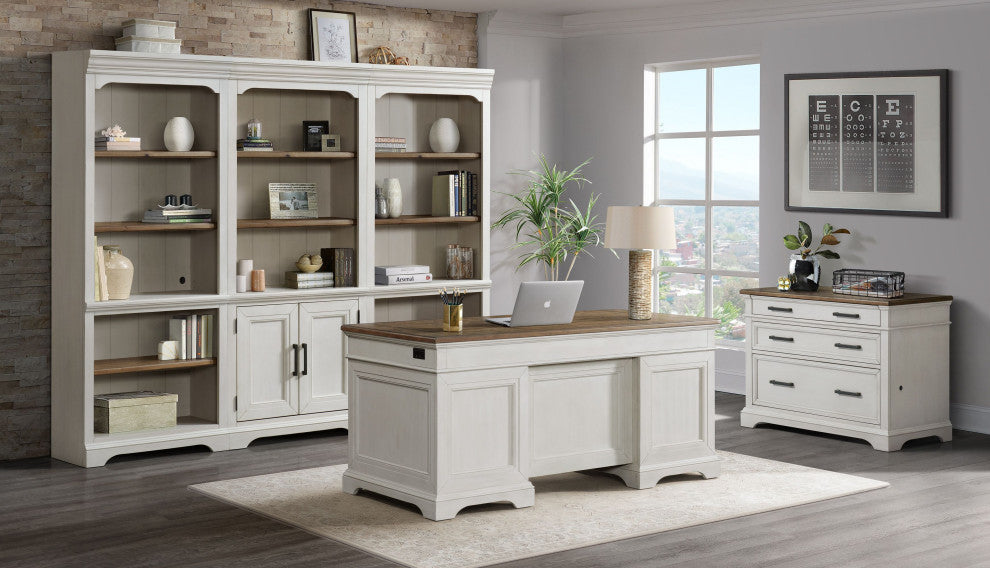 Drake 76" Tall Bunching Bookcase With Door, Rustic White and French Oak