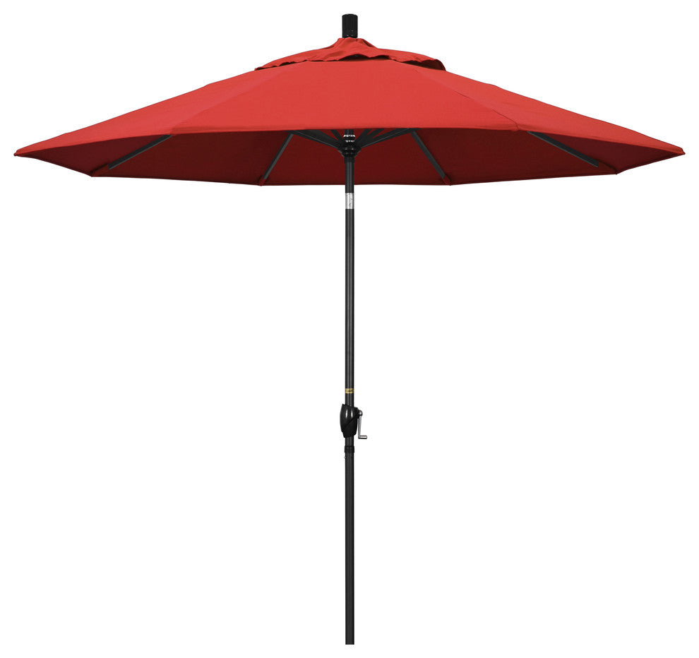 9' Matted Black Push-Button Tilt Crank Aluminum Umbrella, Red Olefin
