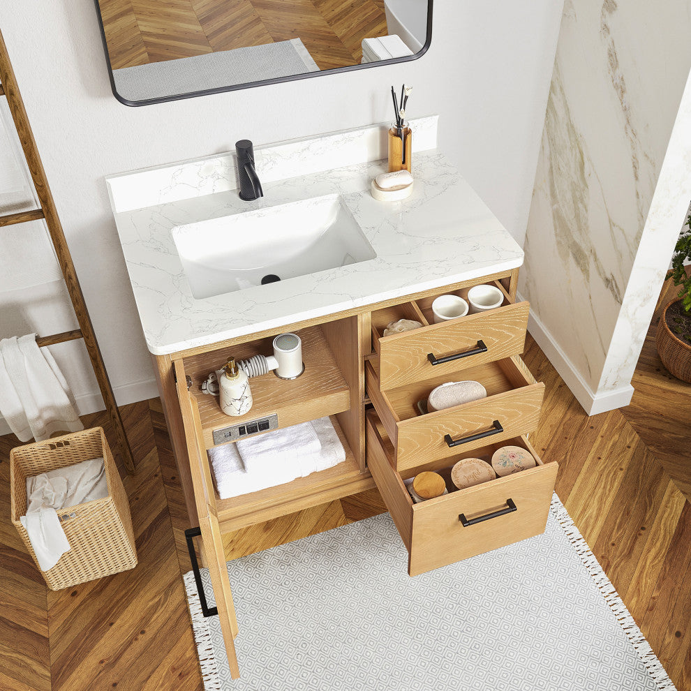 Gara Bath Vanity, Stone Top, Washed Ash Grey, 36", Single Vanity, No Mirror