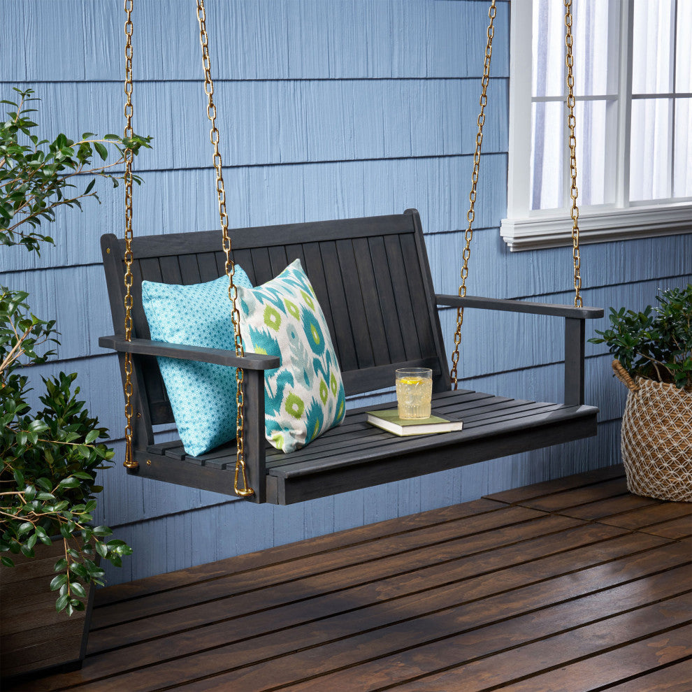 Lilith Outdoor Aacia Wood Porch Swing, Dark Gray Finish