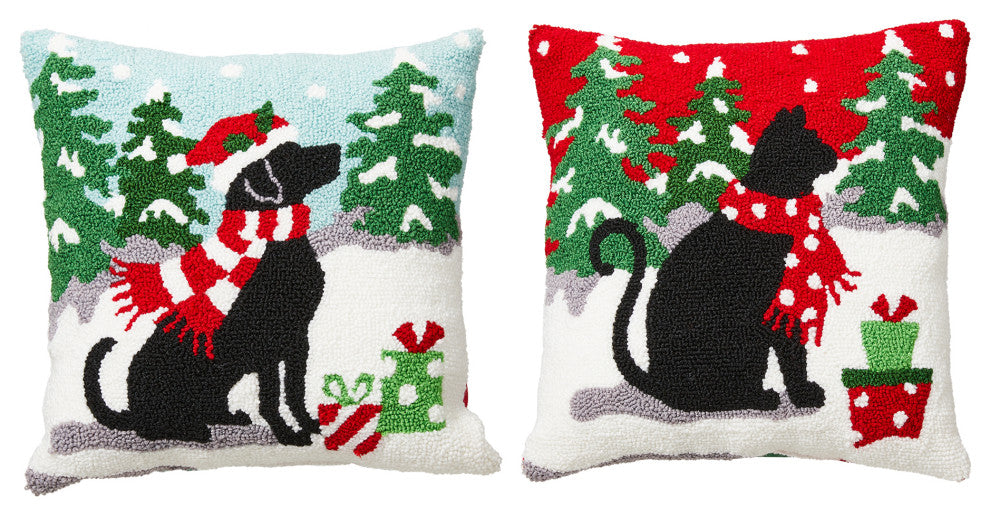 2pk 14"L Hooked Christmas Dog and Cat Pillow