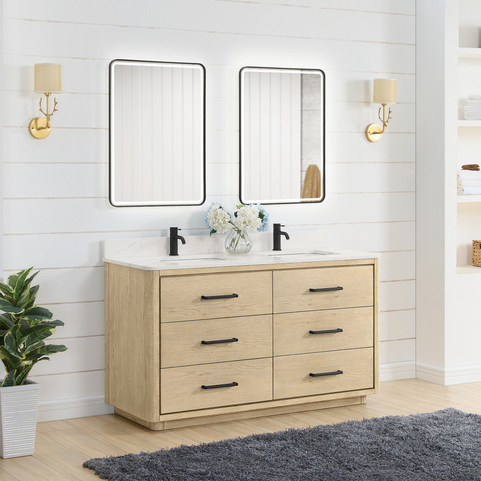 Porto Bath Vanity with White Quartz Stone Top, Natural Oak, 60 in., No Mirror