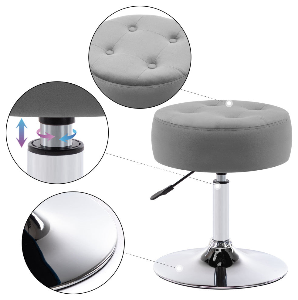 Round Swivel Velvet Vanity Stool, Grey, Standard