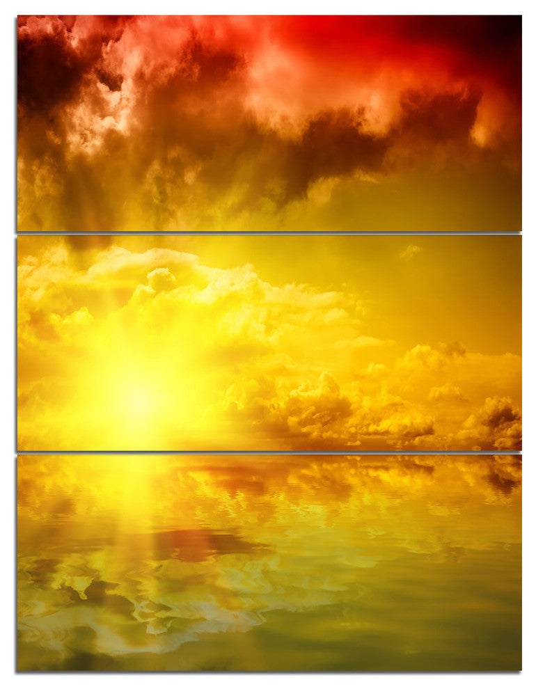 "Red Dramatic Sky With Yellow Sun" Metal Wall Art, 3 Panels, 28"x36"