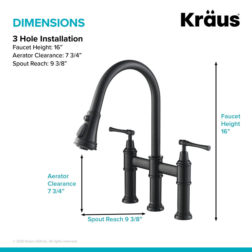 Allyn Traditional 3-Function Bridge Pull-Down Kitchen Faucet Matte Black