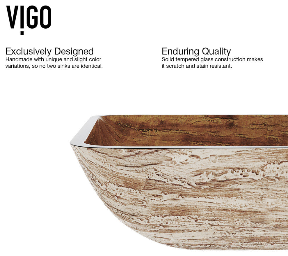 VIGO Donatello 23"L x 15"W x 5"H Glass Rectangular Vessel Bathroom Sink, Light Wood