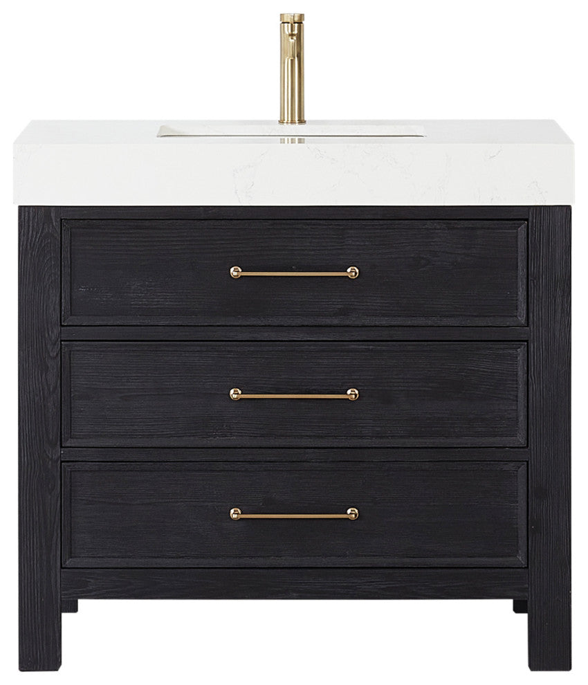 Leon Bath Vanity With Composite Stone Top, Fir Wood Black, 36", No Mirror