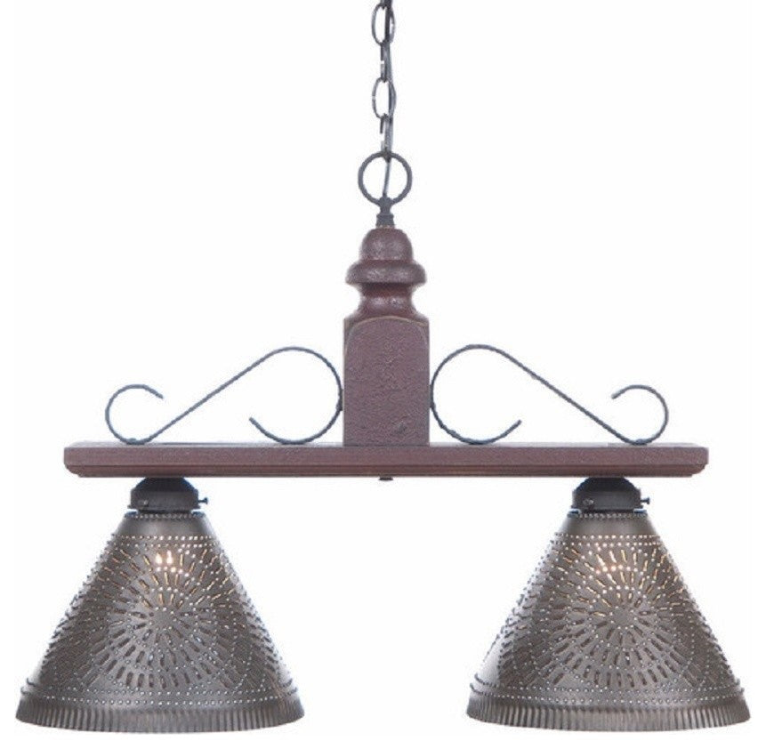 Wood and Iron Island Bar Light With Punched Tin Shades, Plantation Red