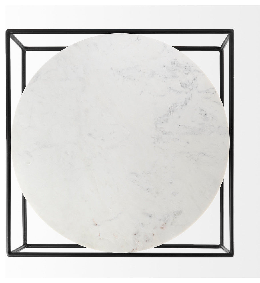 Austen 36Lx36Wx14H Round White Marble Top, Black Metal Frame Coffee Table