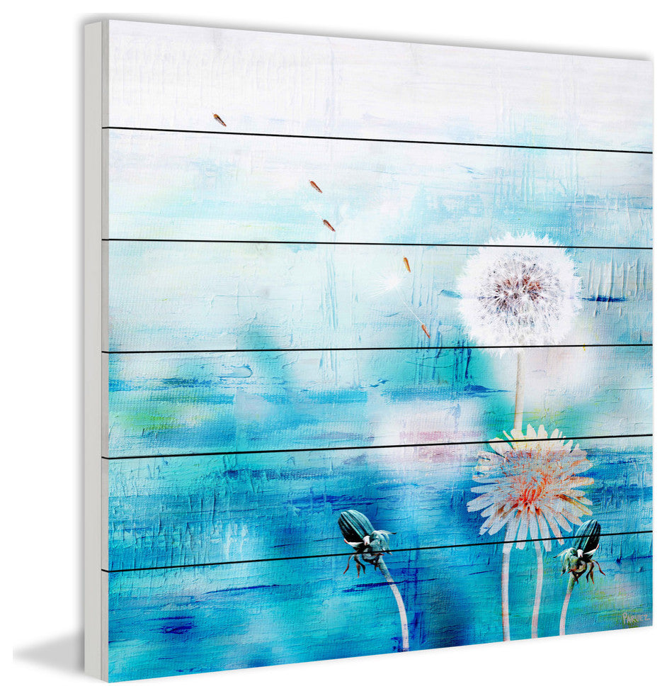 "Dandy Puffs on Bue" Painting Print on White Wood, 18"x18"