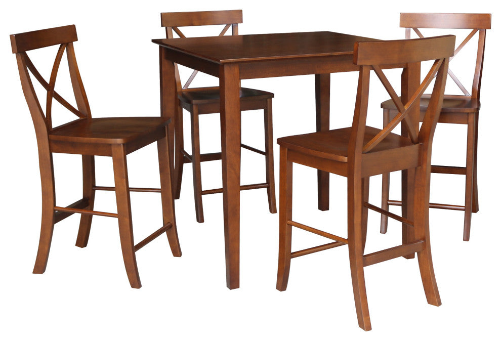 36" x 36" Counter Height Dining Table with 4 X-Back Stools, 24" Seat Height