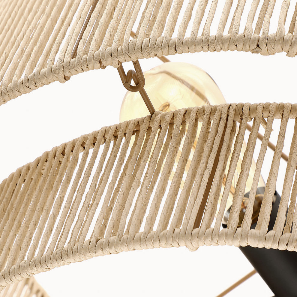 22" W 4-Light Rattan Tiered Drum Chandelier Light With Black Canopy, Beige
