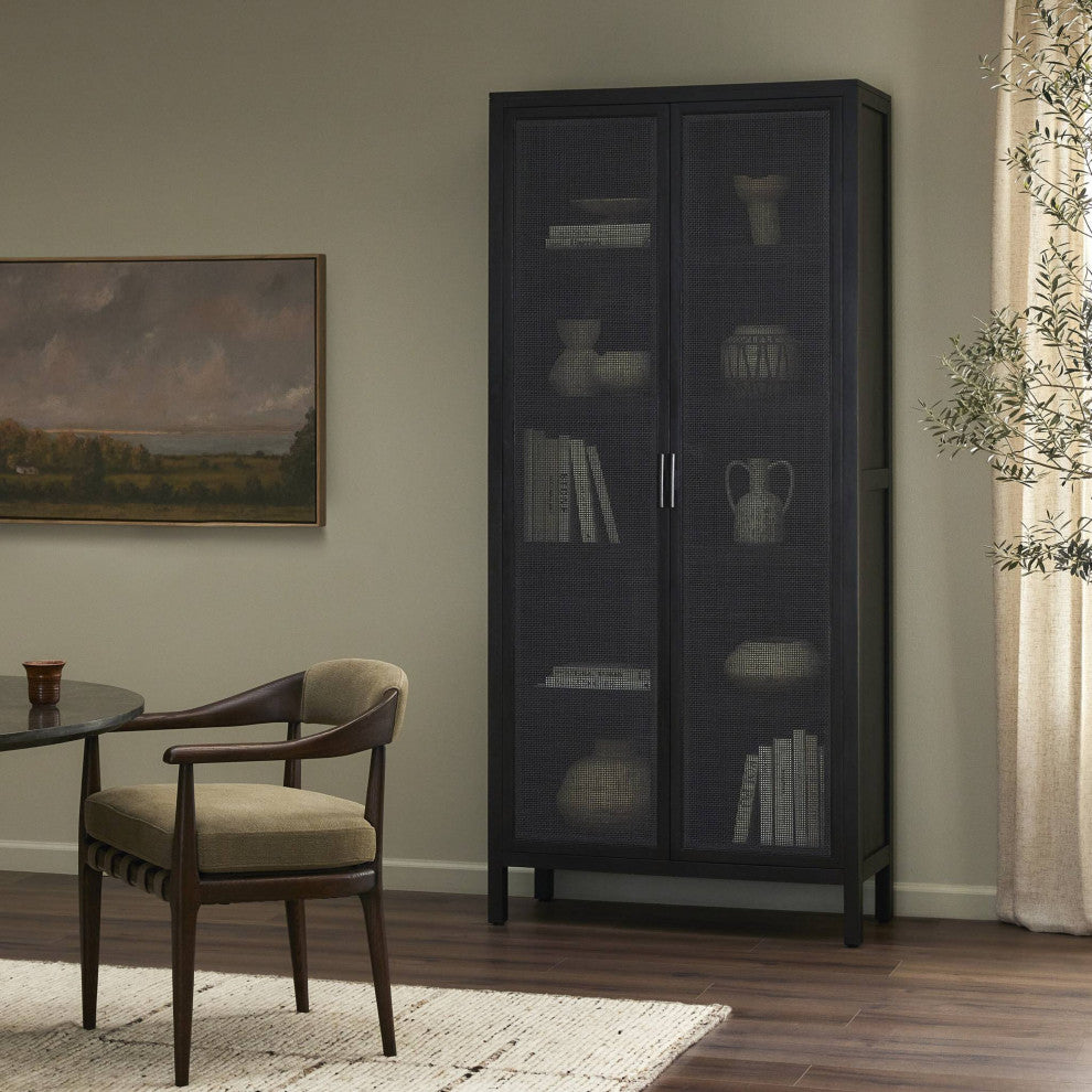 Caprice Tall Cabinet Black Natural Cane, Black Wash Mango, Gunmetal