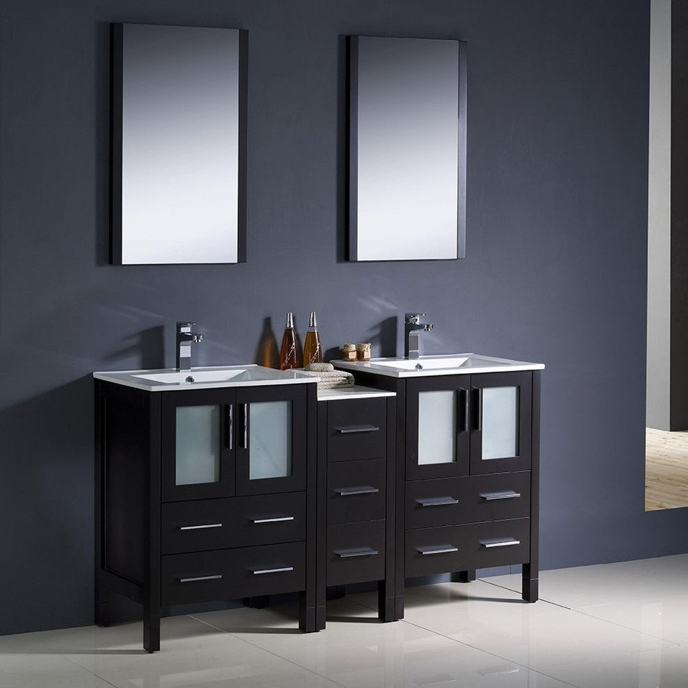 Torino 60" Espresso Modern Double Sink Bathroom Vanity, Faucet FFT3071BN
