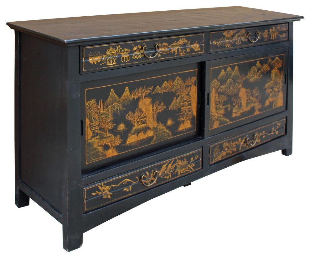 Chinese Golden Graphic Sideboard High Credenza Console Table TV Cabinet