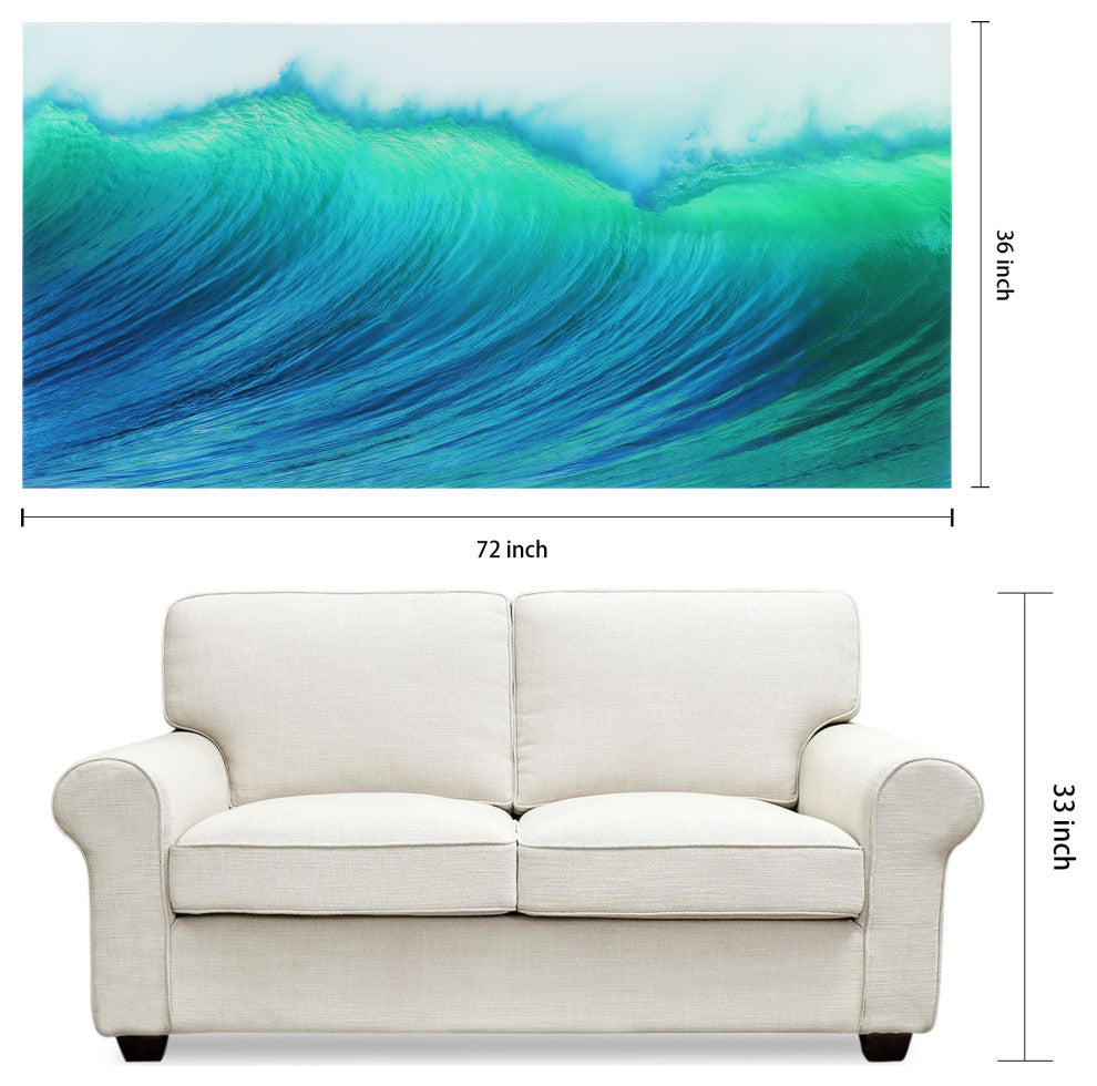 Blue Wave Wall Art Frameless Free Floating Tempered Art Glass 72"x36"