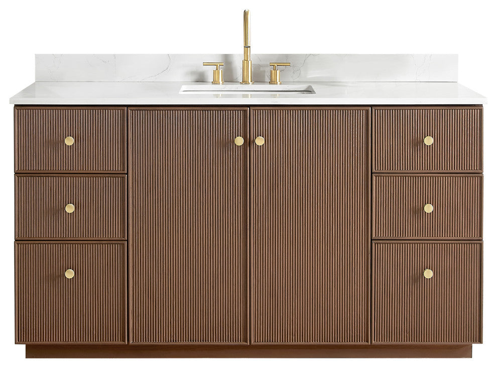 Oza Bath Vanity with Quartz Stone Top, Aged Dark Brown Oak, 60", Single Vanity, No Mirror