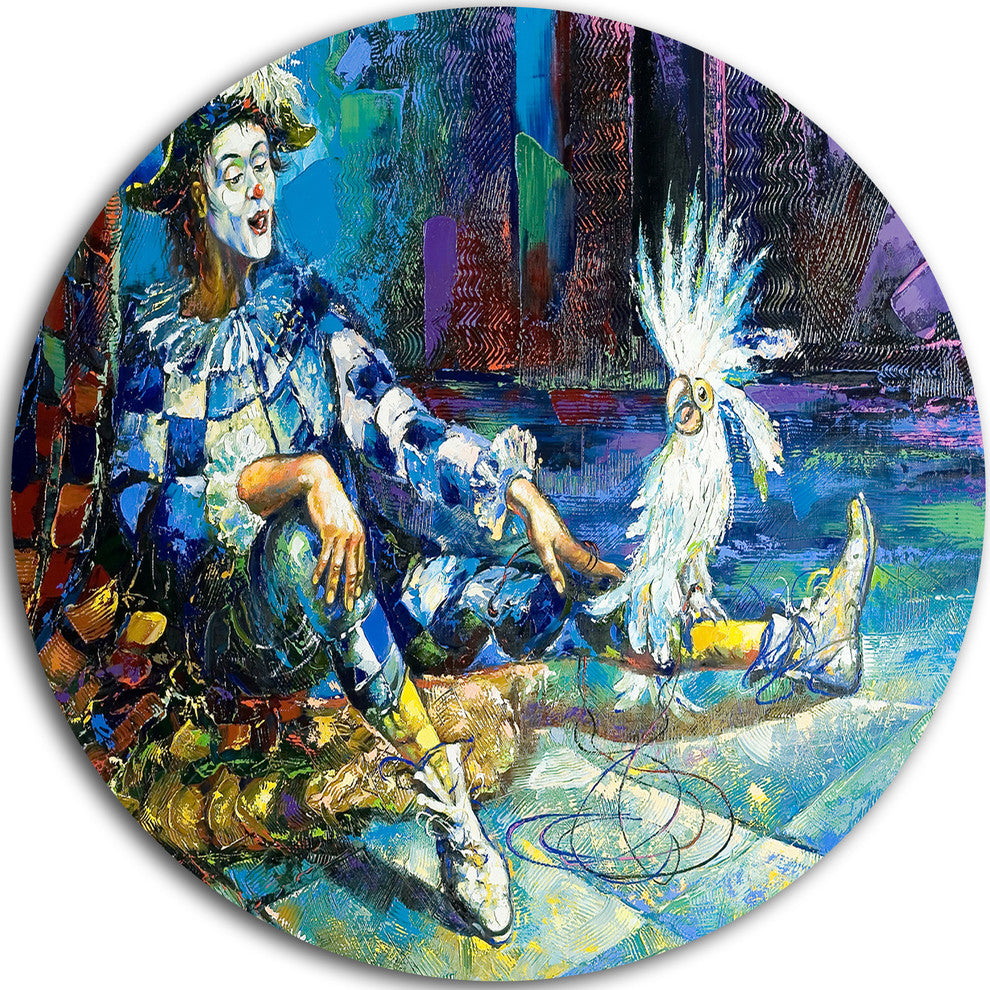 The Harlequin And White Parrot, Contemporary Round Metal Wall Art, 23"